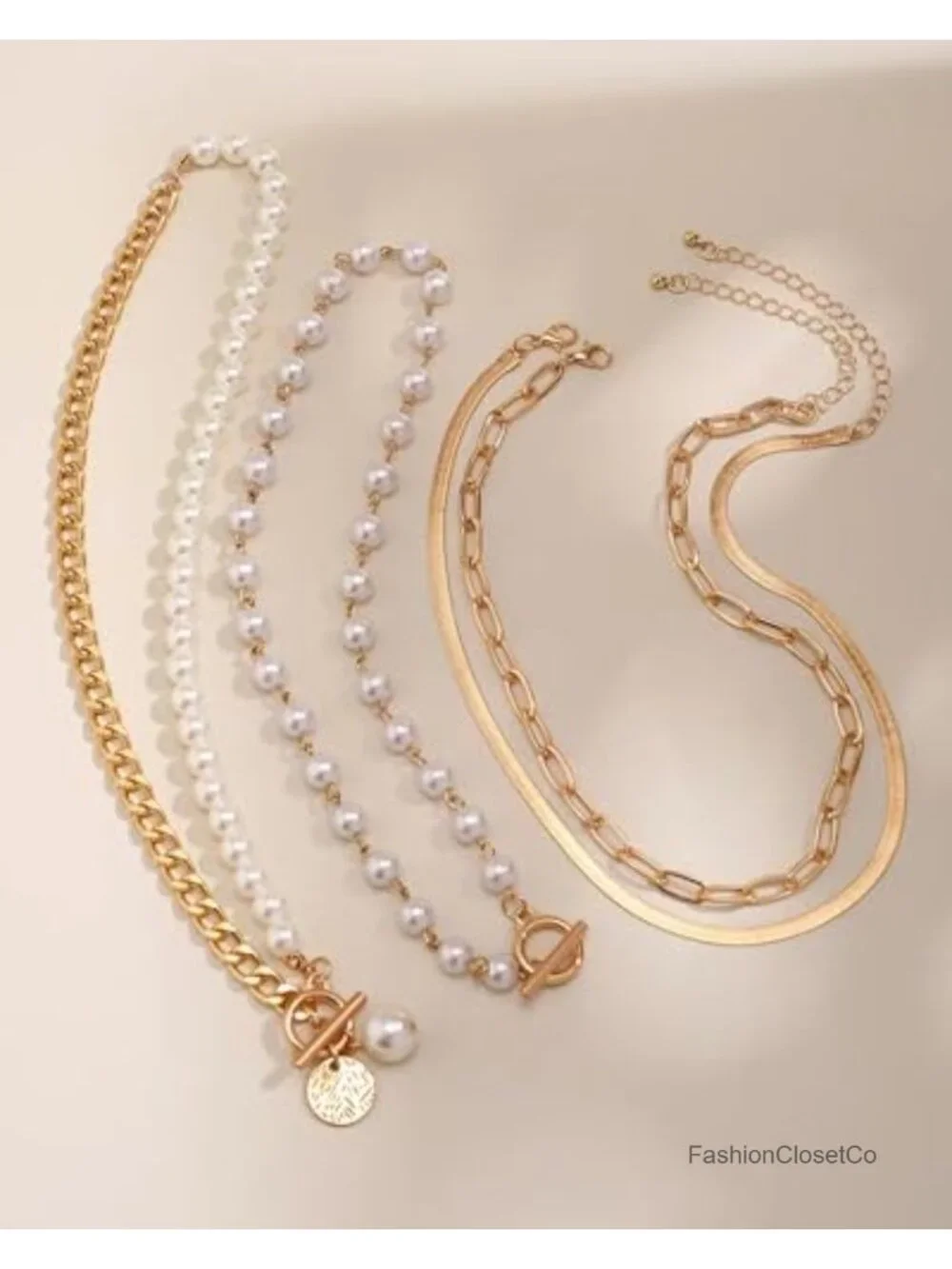 Chunky Layered Gold Necklace Set with Pearl, Paperclip, Herringbone, Toggle